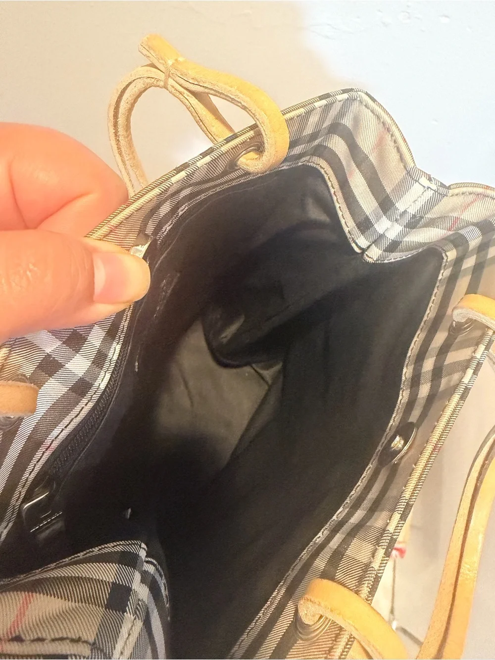 Burberry Beige Check Canvas Mini Tote with Tan Leather Handles